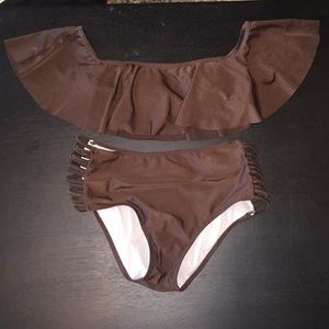 NWOT brown high waisted bikini with wrap shoulders